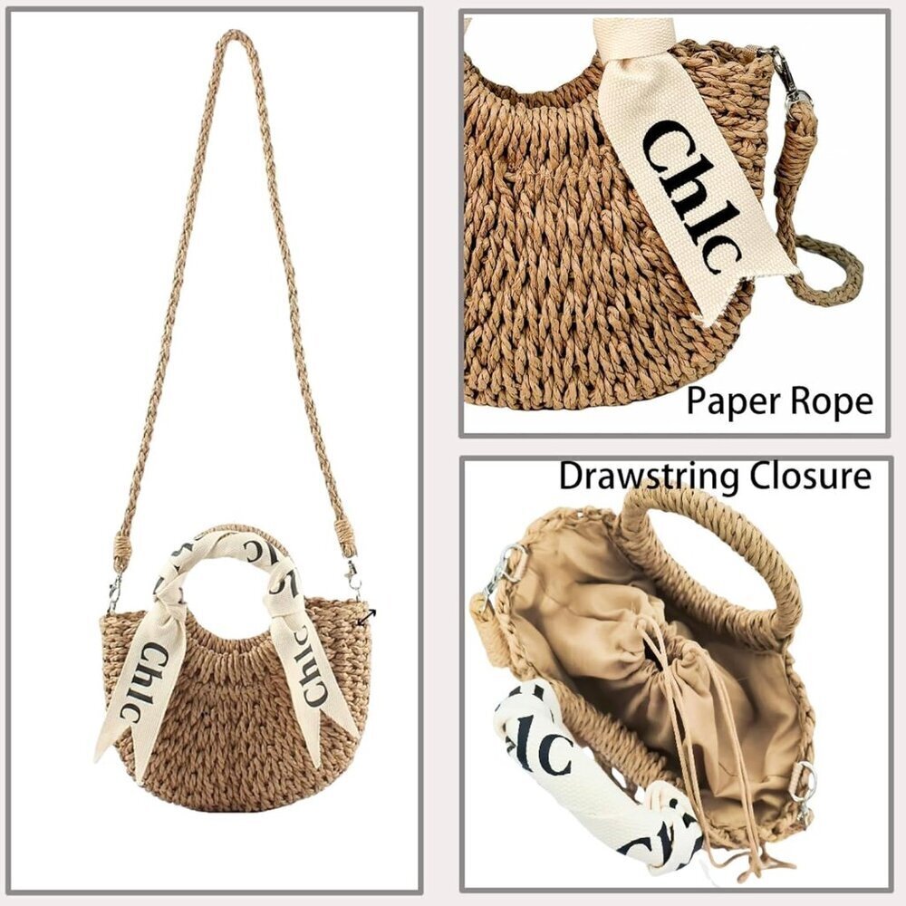 Women's Straw Shoulder Handbag Woven Tote Purse Summer Beach Bag Off White - Picture 4 of 9